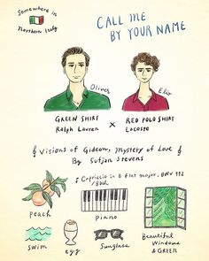 a hand drawn illustration of two men with glasses and the words call me by your name