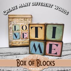 the box of blocks is made out of wood and has letters that spell out love