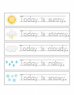 worksheet for writing the word today is sunny with pictures and words below it