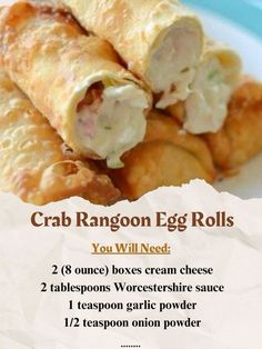 Crab Rangoon Egg Rolls, Egg Roll Ingredients, Telur Gulung, Fusion Dishes, Crab Rangoon, Egg Roll Recipes, Wontons, Delish Recipes, Egg Rolls