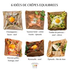 six different types of bread with eggs and vegetables in them, all on top of each other