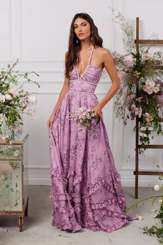 The Scarlette Dress in Lilac Tapestry Rose – V. Chapman Lavender Dress Formal, V Chapman, Light Purple Background, Purple Bridesmaid Dress, Feminine Clothing, Prom Inspo, Halter Gown, Vintage Silhouette, Rosy Pink