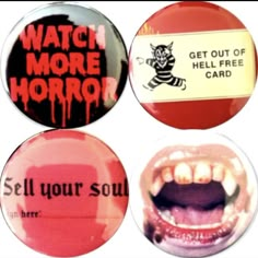 Set Of 4 New Large 2.25" Inch (57mm) Button Pin Badges Receive All 4 Pictured Brand New Vintage Pins Button, Pin Ideas Button, Queer Pins, Grunge Pins, Goth Embroidery, Pin Button Design, Band Pins, Cute Badges, Pins And Buttons