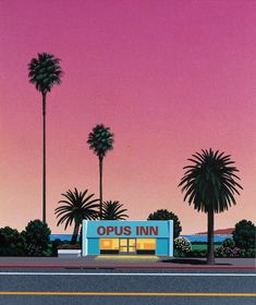 a painting of a store with palm trees in the foreground and a pink sky