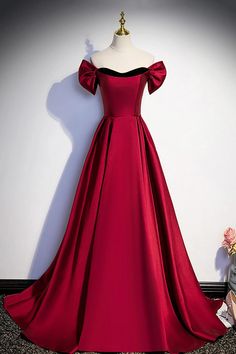 Elegant Off-Shoulder Satin Ball Gown Prom Dress Simple, Satin Long Prom Dress, Prom Dresses Simple, Cheap Prom Dresses Long, Dress With Cap Sleeves, Strapless Prom Dress, Burgundy Prom Dress, Dress Simple, Stunning Gowns