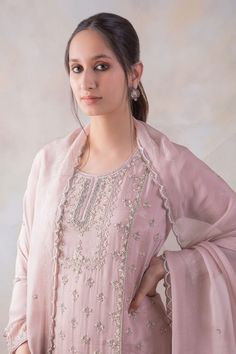 Onion pink kurta with detailed cut-dana embroidery. Paired with a sharara and scallop trimmed dupatta. - Aza Fashions Elegant Pink Kurta With Dabka Work, Elegant Pink Sharara With Dabka Work, Elegant Semi-stitched Pink Sharara, Elegant Pink Sharara For Eid, Elegant Pink Sets With Mirror Work, Pink Unstitched Suit With Dabka Work For Reception, Unstitched Pink Elegant Anarkali Set, Pink Georgette Unstitched Suit For Reception, Pink Anarkali Unstitched Suit For Reception