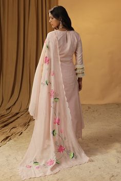 Baby pink A-line kurta with sequins,thread and fringe lace embroidery. Paired with lotus hand painted dupatta and solid straight pant. - Aza Fashions Transitional Anarkali Palazzo Set With Floral Embroidery, Wedding Palazzo Set With Straight Kurta And Embroidered Border, Wedding Palazzo Set With Embroidered Border And Straight Kurta, Embroidered Cotton Silk Palazzo Set With Straight Kurta, Embroidered Raw Silk Palazzo Set With Traditional Drape, Designer Embroidered Tussar Silk Palazzo Set, Anarkali Embroidered Sharara In Tussar Silk, Anarkali Tussar Silk Sharara With Embroidery, Anarkali Sharara In Tussar Silk With Embroidery