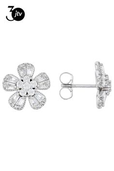 Bella Luce�� white diamond simulant 3.08ctw baguette and round, rhodium over sterling silver flower earrings. Measures approximately 0.50" L x 0.50" W and has pushback backings. The diamond equivalent weight is 1.86ctw. Sterling Silver Flower Earrings, Silver Flower Earrings, Diamond Simulant, Earrings 3, Flower Earrings, White Diamond, Baguette, Cubic Zirconia, Sterling Silver