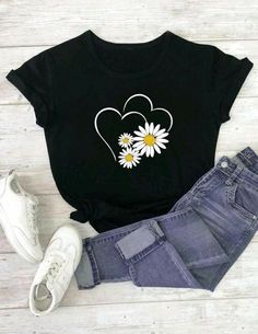 Cute Heart Print Graphic T shirt Easy 30 day return policy Trendy Black T-shirt With Heart Print, Summer Tops With Heart Graphic And Crew Neck, Casual Short Sleeve T-shirt With Heart Print, Relaxed Fit Heart Print T-shirt For Summer, Casual Heart Print T-shirt For Spring, Casual Heart Print T-shirt With Relaxed Fit, Spring Short Sleeve Top With Heart Graphic, Casual Short Sleeve Tops With Heart Graphic, Heart Print Tops With Relaxed Fit For Spring