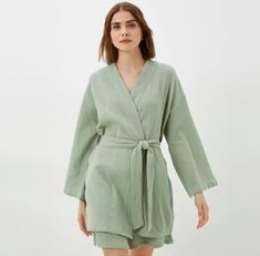 Elevate your relaxation with our Gauze Muslin Kimono Robe for Women. Perfect for lounging or spa days, this cotton bathrobe features long sleeves and a lightweight, breathable design. Crafted from soft gauze muslin, it offers a touch of luxury and comfort, making it an ideal choice for loungewear or after-bath wear. Enjoy the effortless style and elegance of this versatile kimono robe, designed to enhance your daily routines and self-care moments. Perfect as a thoughtful gift or a personal indul Long Sleeve Spring Loungewear Sleepwear, Spring Long Sleeve Loungewear Sleepwear, Spring Long Sleeve Sleepwear For Loungewear, Green Long Sleeve Sleepwear For Relaxation, Cozy Long Sleeve Spring Sleepwear, Spring Long Sleeve Lounging Sleepwear, Spring Long Sleeve Sleepwear For Lounging, Green Relaxation Sleepwear For Spring, Oversized Sleepwear For Spring Loungewear