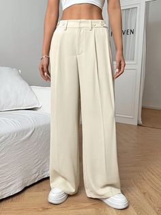 Women Casual Solid Color Fold Pleated Wide Leg Pants, Versatile For Daily Wear, Fall Beige Casual   Polyester Plain Wide Leg Non-Stretch  Women Clothing, size features are:Bust: ,Length: ,Sleeve Length: Beige Wide-leg Pants, Pleated Wide Leg Pants, Loose Knit Cardigan, Sleeveless Tops Summer, Women Legs, Women Shawl, Pantalon Large, Cardigan Sweaters For Women, Long Sleeves Jacket