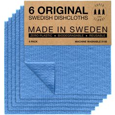 six packs of swedish dishcloths made in sweden, 6x6 inches, blue