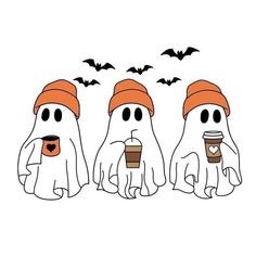 three ghost with coffee cups in their hands