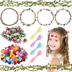 PRICES MAY VARY. Package include: the flower crowns craft kit contains 8 pieces bud branches, 1 pieces fabric leaf garland which measures about 118 inches, 1 piece waxed rope with leaves which measures about 78.7 inches, 96 pieces paper flowers, 36 pieces piberry bunches and 4 pieces silk ribbon, totally 146 pieces; Sufficient quantity can meet your creative needs with your imagination Stimulate your imagination: colored paper flowers, bud branches and waxed rope of DIY floral crown kit can be t Crowns Craft, Colored Paper Flowers, Make Your Own Flower Crown, Diy Floral Crown, Crown Wreath, Fabric Leaf, Crown Crafts, Creative Activities For Kids, Leaf Garland