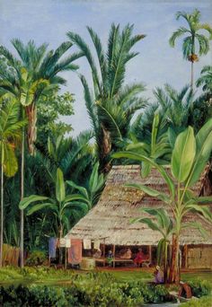 a painting of a hut with palm trees in the foreground and people sitting outside