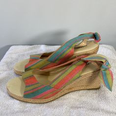 New Without Tags 3 Inch Wedge Heel, Size: 10m, Slingback Style With Bow, Fabric Upper Balance Man Made Material, Colors: Multi- Colored Stripes Of Red Pink Green Blue, In Excellent Condition Multicolor Wedge Sandals For Beach Season, Summer Beach Slingback Wedge Sandals, Fabric Wedge Sandals For The Beach, Adjustable Multicolor Wedge Sandals For Vacation, Multicolor Slingback Sandals For Summer, Adjustable Multicolor Wedge Sandals, Casual Multicolor Wedge Sandals For Beach Season, Summer Beach Fabric Wedge Sandals, Adjustable Multicolor Wedge Sandals For Spring