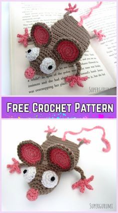 crocheted mouse bookmark with text that reads, free crochet pattern