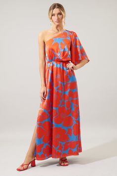 Poppy Floral Meara One Shoulder Satin Maxi Dress – Sugarlips Blue And Orange Dress, Flowy Maxi Skirt, Poppy Dress, Flowy Maxi Skirts, Vacation Vibes, Flowy Shorts, Mini Handbag, Satin Maxi, Satin Maxi Dress