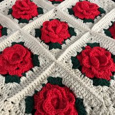 a crocheted blanket with red roses on it