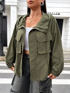 Plus Size Women's Solid Color Simple Casual Hooded Long Sleeve Jacket Army Green Casual  Long Sleeve Woven Fabric Plain Other Non-Stretch  Women Plus Clothing, size features are:Bust: ,Length: ,Sleeve Length: Cheap Green Outerwear With Button Closure, Cheap Gray Casual Hooded Jacket, Cheap Cozy Solid Color Outerwear, Army Fashion Women, Oversized Long Sleeve Parka With Drawstring Hood, Oversized Parka With Drawstring Hood, Trendy Fall Outerwear With Cargo Pockets, Solid Color Parka With Drawstring Hood, Casual Long Sleeve Outerwear For Outdoor Activities