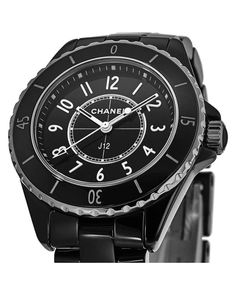 The sleek jet black Chanel J12 33mm Ceramic Watch is a must-have for stylish Instagrammers. This top brand watch features a stunning black ceramic case and matching ceramic strap that makes a bold statement. With sapphire crystal, a uni-directional bezel and 200m water resistance, it's durable enough for any lifestyle. Feminine silver Arabic numerals and hands pop against the high-contrast black lacquered dial. Wear it to take your OOTD photos to the next level while keeping on-trend with the lu Designer Black Diamond Watch With Diamond Hour Markers, Black Diamond Watch With Round Dial, Black Diamond Watch With Diamond Hour Markers, Luxury Black Diamond Watch With Metal Dial, Black Diamond Watch With Subdials, Modern Black Diamond Watch, Modern Black Round Diamond Watch, Luxury Black Diamond Watch With Round Dial, Classic Black Diamond Watch With Metal Dial