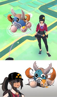 two different pokemon games, one with an animal and the other with a woman standing in front of them