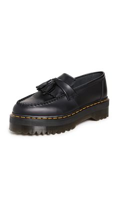 PRICES MAY VARY. Non-slip PVC AirWair sole Matte finish, Contrast welt stitching Heel: 2in / 50mm, Platform: 1.5in / 40mm Lace-up closure Round toe A little polished and a little edgy, these Dr. Martens loafers feature a traditional upper in smooth black leather, plus an air-cushioned platform sole that's embellished with the label's trademark yellow stitching. Doc Marten Loafers, Doc Martens Loafers, Dr Martin Boots, Jadon Boots, Dr Martens Womens, Doc Marten, Platform Loafers, Martin Boots, Goodyear Welt