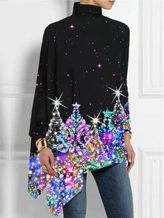 Material: Polyester Pattern Type: Print Sleeve Type: Long sleeve Style: Casual Neckline: High Neck Thickness: Moderate Occasion: Daily Size Length Bust CM INCH CM INCH S 81 31.89 104 40.94 M 82 32.28 109 42.91 L 83 32.68 114 44.88 XL 84 33.07 119 46.85 2XL 85 33.46 124 48.82 3XL 86 33.86 129 50.79 4XL 87 34.25 134 52.76 5XL 88 34.65 139 54.72 Multicolor Long Sleeve Christmas Tops, Long Sleeve Tops For Christmas Night Out, Black Crew Neck Blouse For Winter, Black Long Sleeve Winter Blouse, Trendy Black Blouse For Winter, Black Tops For Christmas Party, Black Party Tops For Christmas, Black Christmas Party Tops, Black Crew Neck Blouse For Fall