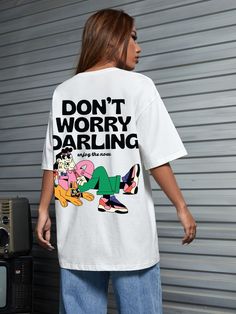 Oversized Tee Outfit, Don't Worry Darling, Hip Hop T Shirt, Shirt Design Inspiration, Tee Outfit, Women T Shirts, Oversized Tee, White Casual, Tee Design