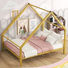 a child's bed with pink sheets and white pillows