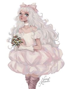 a drawing of a woman in a pink dress with flowers on her knee and long white hair