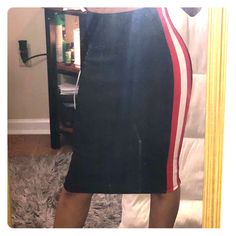 Black Pencil Skirt With Red And White Stripes Down The Side. Never Worn. Fits Like A Medium Casual Black Pencil Skirt For Party, Black Mini Pencil Skirt With Lining, Trendy Stretch Pencil Skirt, Trendy Stretch Pencil Skirt For Going Out, Casual Knee-length Bottoms For Date Night, Trendy Date Night Pencil Skirt, Black Mini Pencil Skirt For Summer, Trendy Going Out Pencil Skirt, Trendy Red Knee-length Skirt