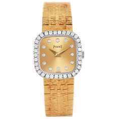 This Vintage Piaget piece is classic elegance. It is the perfect balance of a crossover woven bracelet and watches. Expertly crafted in solid 51.0 grams of flat stone finished 18K yellow gold. Features genuine factory-set natural diamond round cut, french pave, original factory-set genuine diamonds with G-H color and VS clarity weighing approximately 1.50 carat. Original Piaget mechanical movement With gold-tone Diamond dial and original factory-set genuine diamonds in the Bezel. Total Diamond Weight: 1.50 carats Case Measures: 21 mm  Band Measurement: 6.5 Inches (inner circumference) x 21 mm Marked:4908 A6, 367513 In Very Good Condition Exhibited in excellent working condition and accompanied by an official appraisal document. Luxury Hallmarked Diamond Watch For Evening, Luxury Hallmarked Diamond Watch For Evenings, Elegant Evening Jewelry With Brilliant Cut, Luxury Hallmarked Evening Watches, Yellow Gold Diamond Jewelry And Watches As Gift, Diamond Yellow Gold Jewelry As Gift, Evening Yellow Gold Diamond Watch, Elegant Diamond Watch Hallmarked, Evening Yellow Gold Diamond Watch With Rectangular Dial