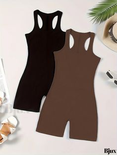 Bjux - Ribbed Knit Sleeveless Romper Jumpsuit Set - Summer Collection for Womens Casual Wear Sleeveless Stretch Brown Jumpsuits And Rompers, Brown Stretch Sleeveless Jumpsuits And Rompers, Casual Brown Bodysuit For Loungewear, Casual Solid Ribbed Jumpsuits And Rompers, Spring Sleeveless Ribbed Jumpsuits And Rompers, Brown Sleeveless Stretch Jumpsuit, Brown Stretch Sleeveless Jumpsuit, Black Ribbed Sleeveless Bodysuit, Sports Sleeveless Jumpsuits And Rompers With Built-in Bra