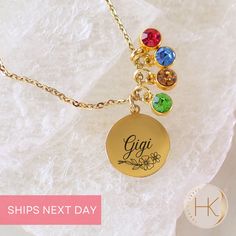 Introducing our Custom Gigi Pendant Necklace - a personalized masterpiece celebrating the bond between Gigi and her grandkids. Picture a one-of-a-kind pendant adorned with the birthstones of her precious grandbabies, nestled in a custom gift box with their birth month flowers. It's not just jewelry; it's a daily reminder of the incredible legacy she's built. Whether for Mother's Day, her birthday, or any day, our necklace will have her beaming brighter than the sun. Order now and make Gigi's day - one special pendant at a time! *  lead and nickle free *  FAST, next day shipping HOW TO ORDER: 1.  Please choose your Chain length and finish from the options in the dropdown menu. 2. Select how many birthstone(s) from the dropdown menu (up to 10 birthstones). 3.  Please type your desired births Birth Month Flower, Custom Gift Boxes, Month Flowers, Birth Month Flowers, Name Jewelry, Birth Month, Stunning Jewellery, Custom Necklace, Flower Necklace