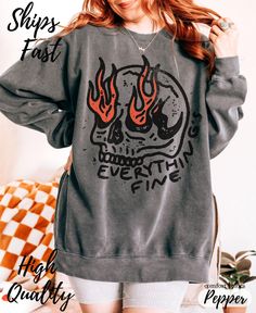 The "Everything's Fine" Comfort Colors sweatshirt is a perfect blend of retro rock 'n roll style with a skeleton design. This sarcastic Halloween sweater, inspired by 90s grunge, is a gothic skull t-shirt that adds a bold edge to your wardrobe. 🌺 D E T A I L S → Comfort Colors garment-dyed t-shirt → 80% ring-spun cotton/20% Polyester → Medium-heavy fabric (9.5 oz /yd² (322.1 g/m → Relaxed fit 🌺 H O W - T O - O R D E R 1. Please select variants from drop down menu 2. If you are buying multiple Oversized Punk Sweatshirt With Letter Print, Oversized Skull Print T-shirt For Fall, Oversized Sweatshirt For Halloween Streetwear, Fall Grunge Streetwear Sweatshirt, Oversized Punk Halloween Sweatshirt, Oversized Punk Sweatshirt For Halloween, Halloween Skull Print Sweatshirt For Streetwear, Punk Style Long Sleeve Sweatshirt With Graphic Print, Punk Style Long Sleeve Graphic Sweatshirt