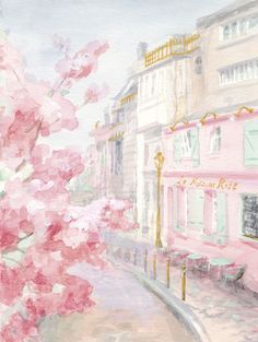 a painting of pink flowers on the side of a street with buildings in the background