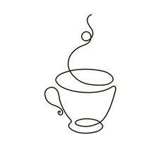 a line drawing of a coffee cup with steam coming out of the top, on a white background