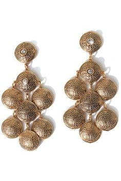 Wonderful earrings with a strong Moroccan / Keith and Anita Influence. Domed Disc with a Moroccan design dangle with Swarovski Crystal stones. Beautifully detailed .Post only. Russian Gold finish. Nickel free. 3 inches long. Very light weight. Limited editions. . Made in U.S.A. Jeweled Round Metal Earrings, Bronze Metal Pierced Chandelier Earrings, Bronze Metal Dangle Chandelier Earrings, Metal Danglers For Formal Events, Ornate Metal Dangle Chandelier Earrings, Ornate Metal Chandelier Dangle Earrings, Ornate Metal Chandelier Earrings, Ornate Metal Dangle Clip-on Earrings, Bronze Metal Chandelier Earrings