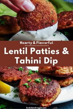 lentil patties and tahini dip on a white plate with lemon wedges