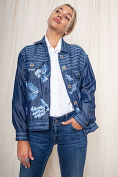 Dare to stand out with this extravagant denim jacket. Made from sustainable Lyocell fabric and hand embroidered by our artisans in Bali. It comes with our acambha custom made buttons. Color: Night sky Details : 100% Lyocell SIZE GUIDE SHIPPING & PAYMENT RETURNS Blue Embroidered Outerwear With Relaxed Fit, Blue Embroidered Relaxed Fit Outerwear, Blue Embroidered Button-up Outerwear, Spring Indigo Denim Jacket With Patch Pockets, Blue Embroidered Button-up Denim Jacket, Embroidered Blue Button-up Denim Jacket, Lyocell Fabric, How To Make Buttons, Oversized Jacket