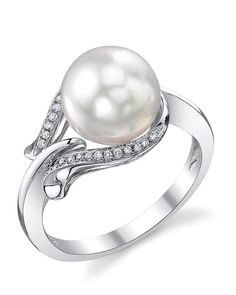 South Sea Pearl & Diamond Willow Ring Formal White Pearl Ring, White Pearl Drop Ring For Formal Occasions, Formal White Akoya Pearl Ring, Formal White Diamond Ring With Pearl Drop, Formal Pearl White Pearl Ring, White Pearl Ring With Brilliant Cut, White Gold Pearl Ring, Antique Wedding Jewelry, Diamond Willow