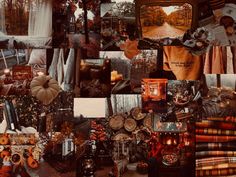 a collage of pictures with pumpkins, candles and other things on display in them