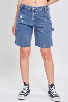 Workwear just got a cute new twist with our Women’s High Rise Denim Carpenter Shorts. This denim short features all of your favorite utility details, such as belt loops, slant front pockets, a hammer loop, and a utility pocket at the side. It has a comfortable feel but a fitted look, because practical can still be cute. Style these jean shorts with a crop top and sneakers for a casual aesthetic, and throw on an oversized plaid button up when temperatures drop for the ultimate grungy vibe. Produc High Waist Denim Jean Shorts With Cargo Pockets, High-waisted Denim Jean Shorts With Cargo Pockets, Denim Cargo Shorts With Side Pockets For Spring, Trendy Denim Cargo Shorts, Denim Cargo Shorts With Hip Pockets, Denim Cargo Shorts With Cargo Pockets, Utility Denim Shorts With Side Pockets, Utility Style Jean Shorts With Belt Loops, Utility Jean Shorts With Side Pockets For Spring