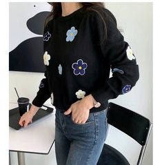 Get this stylish knitted sweater with beautiful floral embroidery and o neck design. crafted with quality materials, this sweater is perfect for fall and winter. Anime Sweater, Flower Aesthetics, Floral Print Sweater, Casual Knitwear, Flower Sweater, 90s Floral, Harajuku Outfits, Embroidery Sweater, Embroidery Sweatshirt