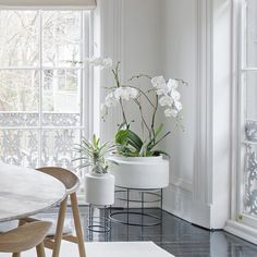 a dining room table and chairs with white flowers in the vases next to it