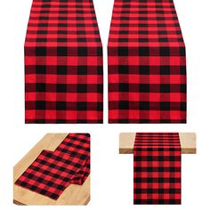 red and black plaid table runner with matching placemats on the top, bottom and bottom