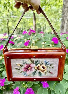 Thank You If You Favored One of My Items! You Will Receive 10% Off an Item of Your Choice, Unless It Is On Sale, Code17. Thank You. RARE 50's NEEDLEPOINT HANDBAG/Lucite Handbags/Lucite Purses/Needlepoint Handbags/Lucite Bags/Vintage Needlepoint Purses/Near Mint Condition 1950's RARE Lucite and Needlepoint and Handbag with Roses This is a Rare Handbag because it is constructed of Lucite with a Needlepoint Canvas Center on both the Front and the Back.  The Lucite is Caramel in Color, and the Needl Needlepoint Handbags, Rare Handbags, Acrylic Purse, Bags Vintage, Vintage Needlepoint, Top Handle Bags, Needlepoint Canvases, Beige Background, Vintage Bags