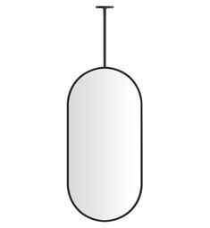 an oval shaped mirror with a black frame on the bottom, hanging from a metal rod