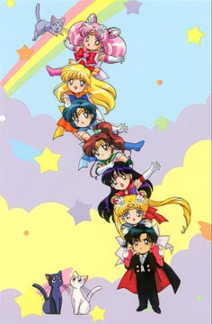 sailor moon and other cartoon characters are lined up in the sky with rainbows behind them